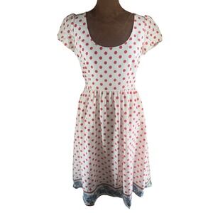 Chaudry KC Red Polka Dot Dress w/ Blue Floral Border Women's Small NWT Deadstock